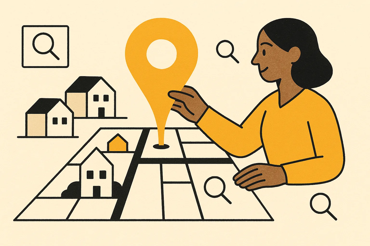 A warm editorial illustration of a business owner placing a marigold map pin on a neighborhood map to add their business to Google Maps, with nearby homes and search icons around it