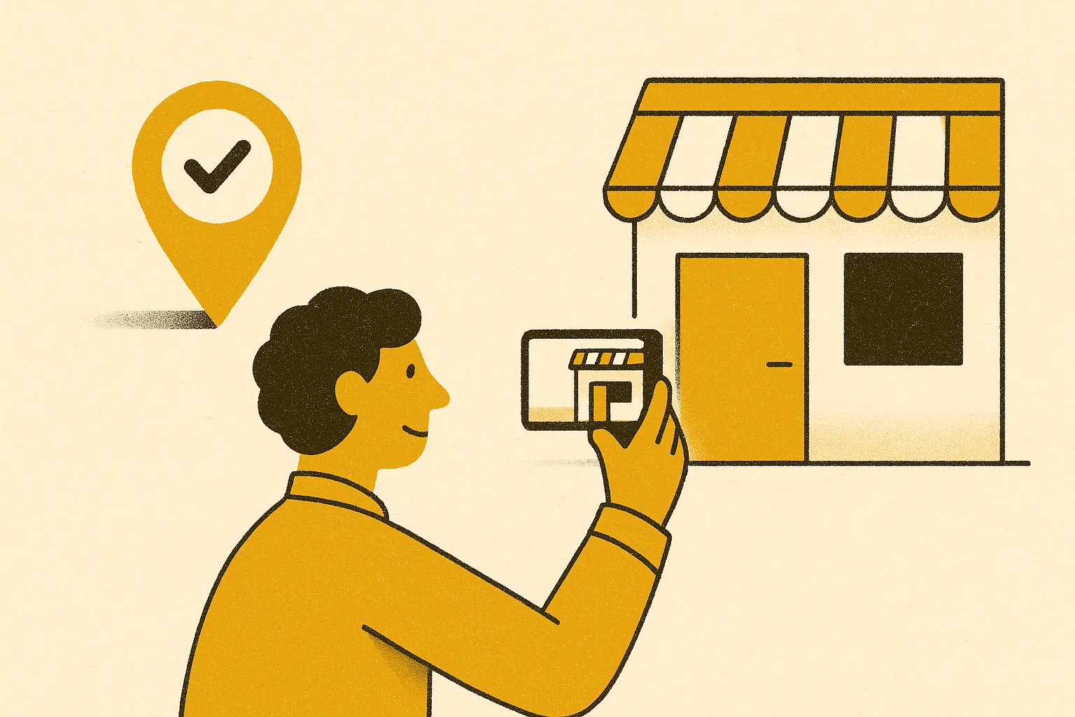 A warm editorial illustration of a business owner filming a verification video of their storefront on a phone while a checkmark badge hovers over a Google map pin, symbolizing proving a business is real to Google
