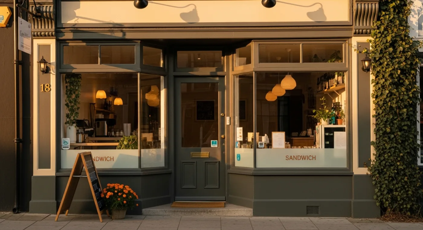 A small local business storefront at golden hour with a sandwich board sign and marigold flowers by the door