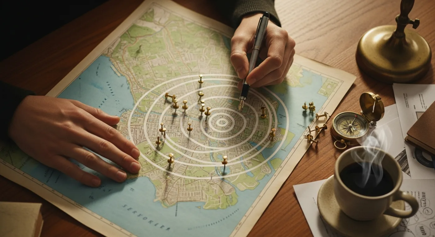 A coastal city map with brass service-area pins and a designer's hand sketching coverage circles