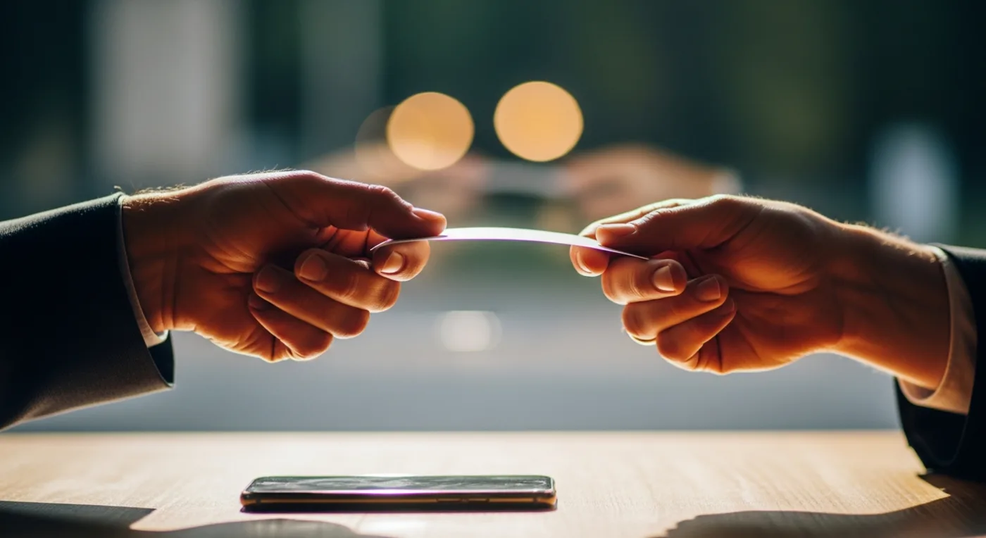 A handoff moment between two people after a service interaction, phone visible on the table