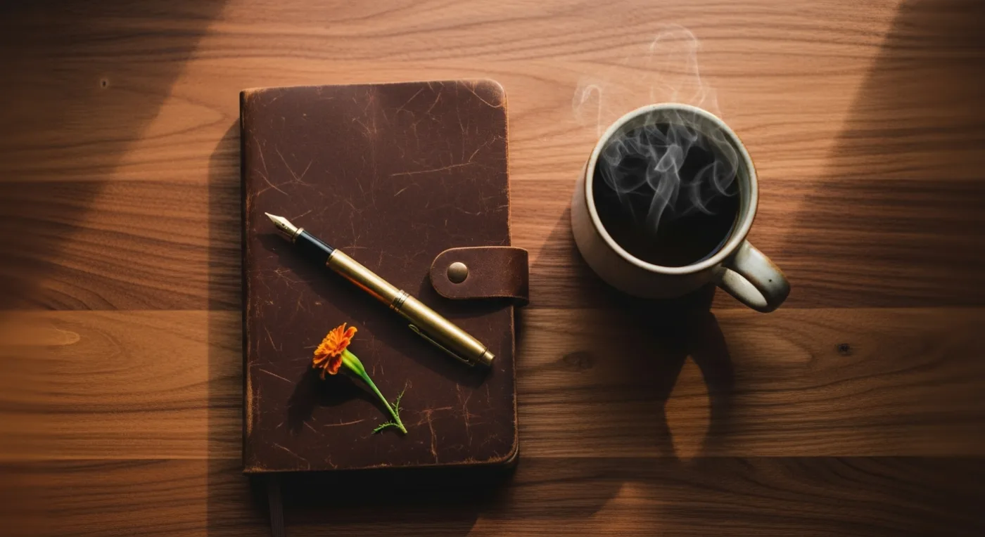 A closed leather journal with a brass fountain pen and a single marigold flower, coffee mug beside it