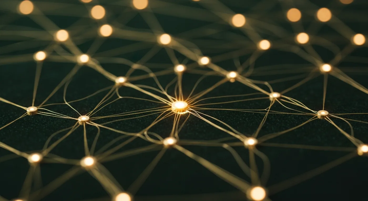 A constellation of glowing gold nodes connected by fine threads on a dark forest-green surface, representing entity authority signals across the web
