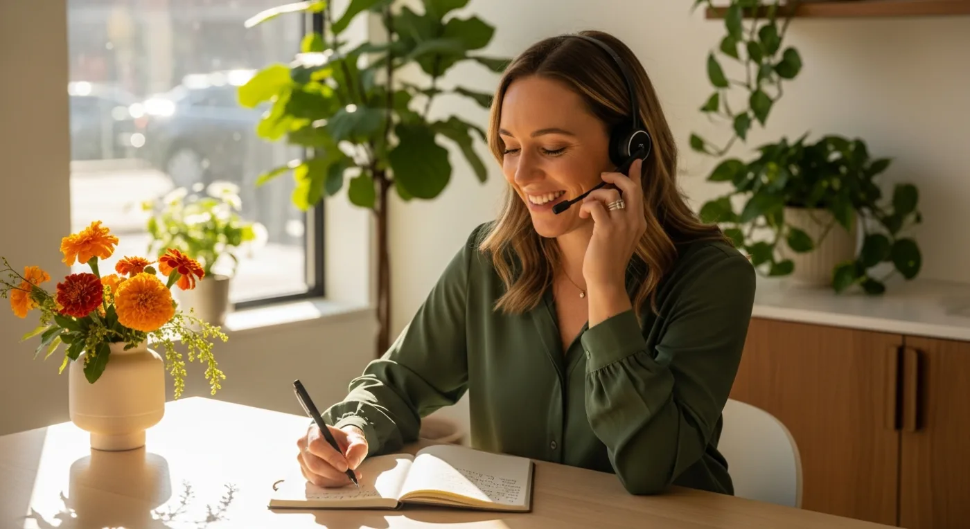 A friendly receptionist at a clean front desk wearing a headset mid-call, marigold flowers in a vase beside her, warm window light