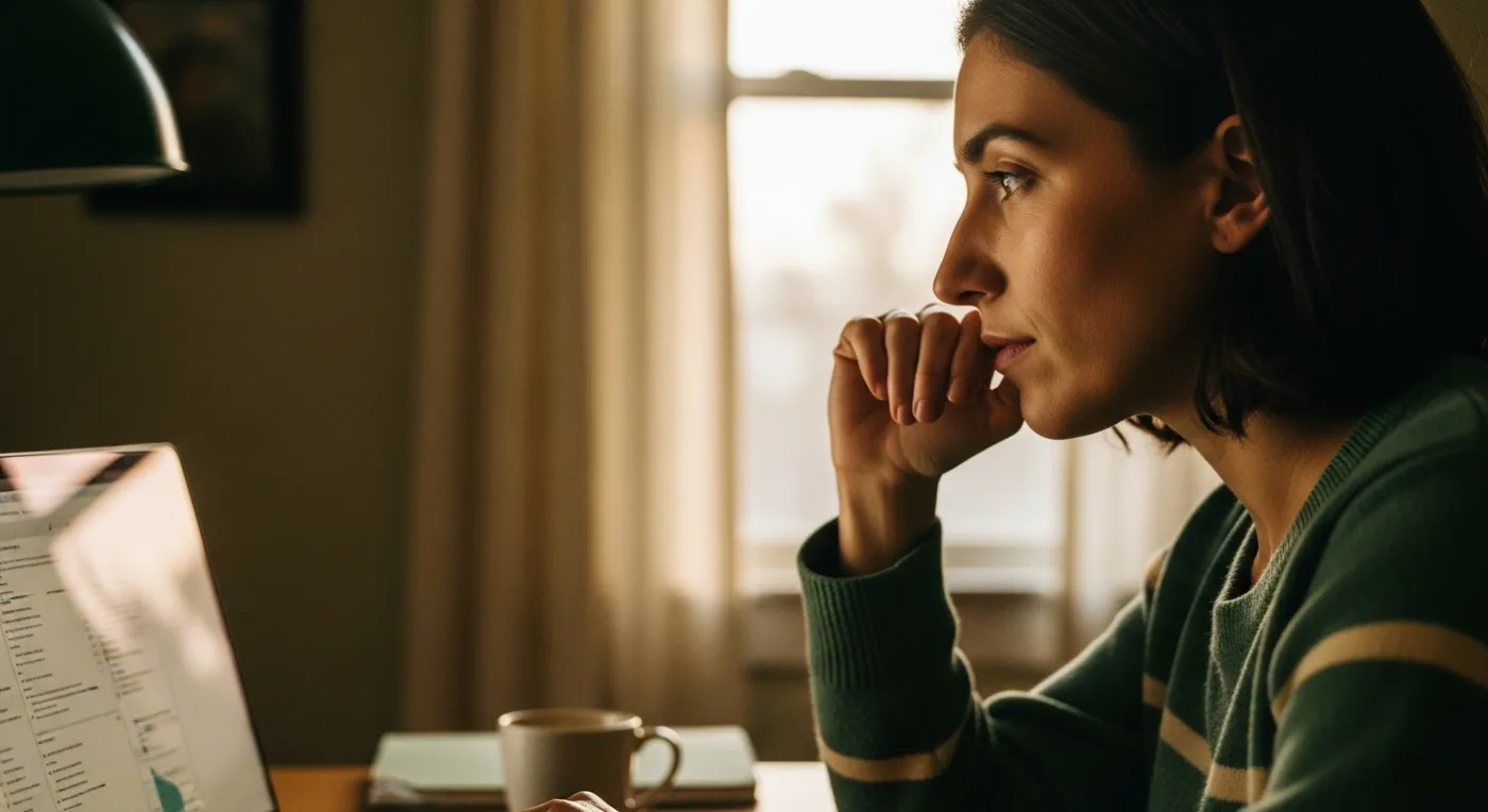 A thoughtful person in profile evaluating something on a laptop, screen glow on their face, warm office light