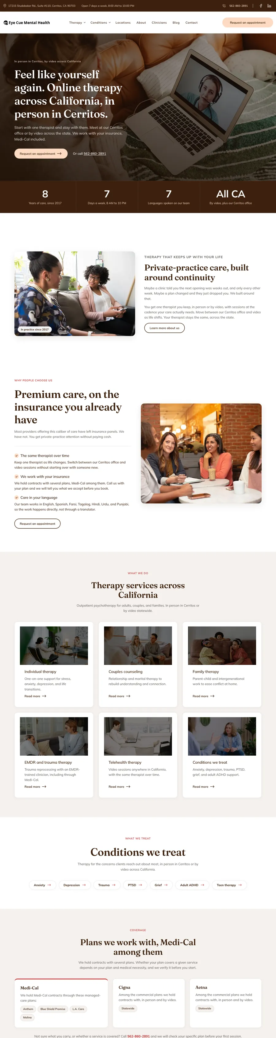 Eye Cue Mental Health website, full homepage