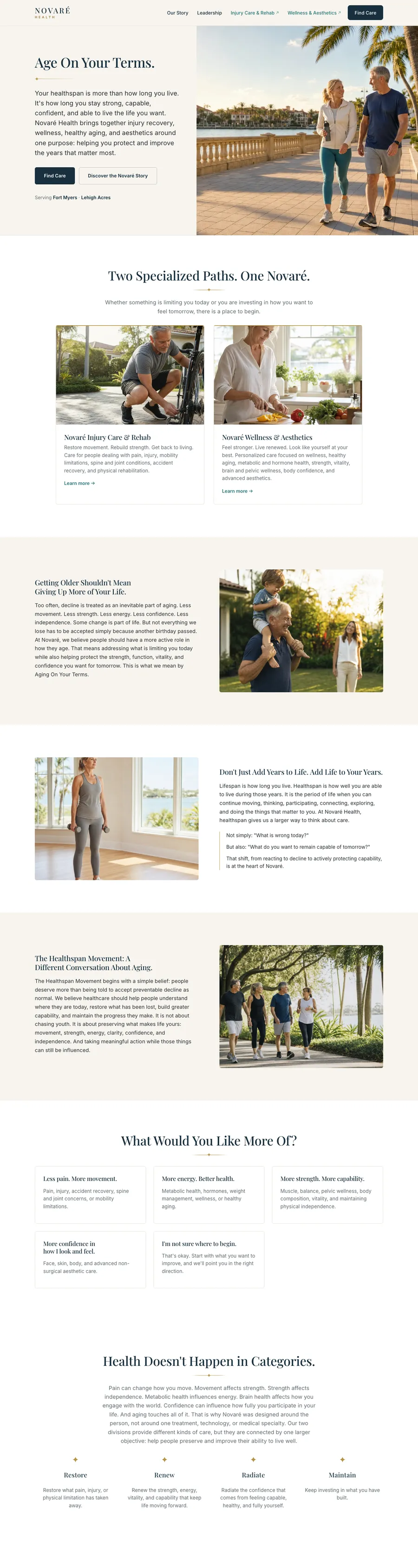 Novaré Health website, full homepage