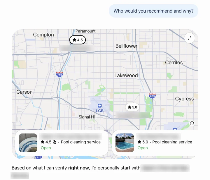ChatGPT answering Who would you recommend and why with a map of Long Beach and the line I'd personally start with our client, business names blurred